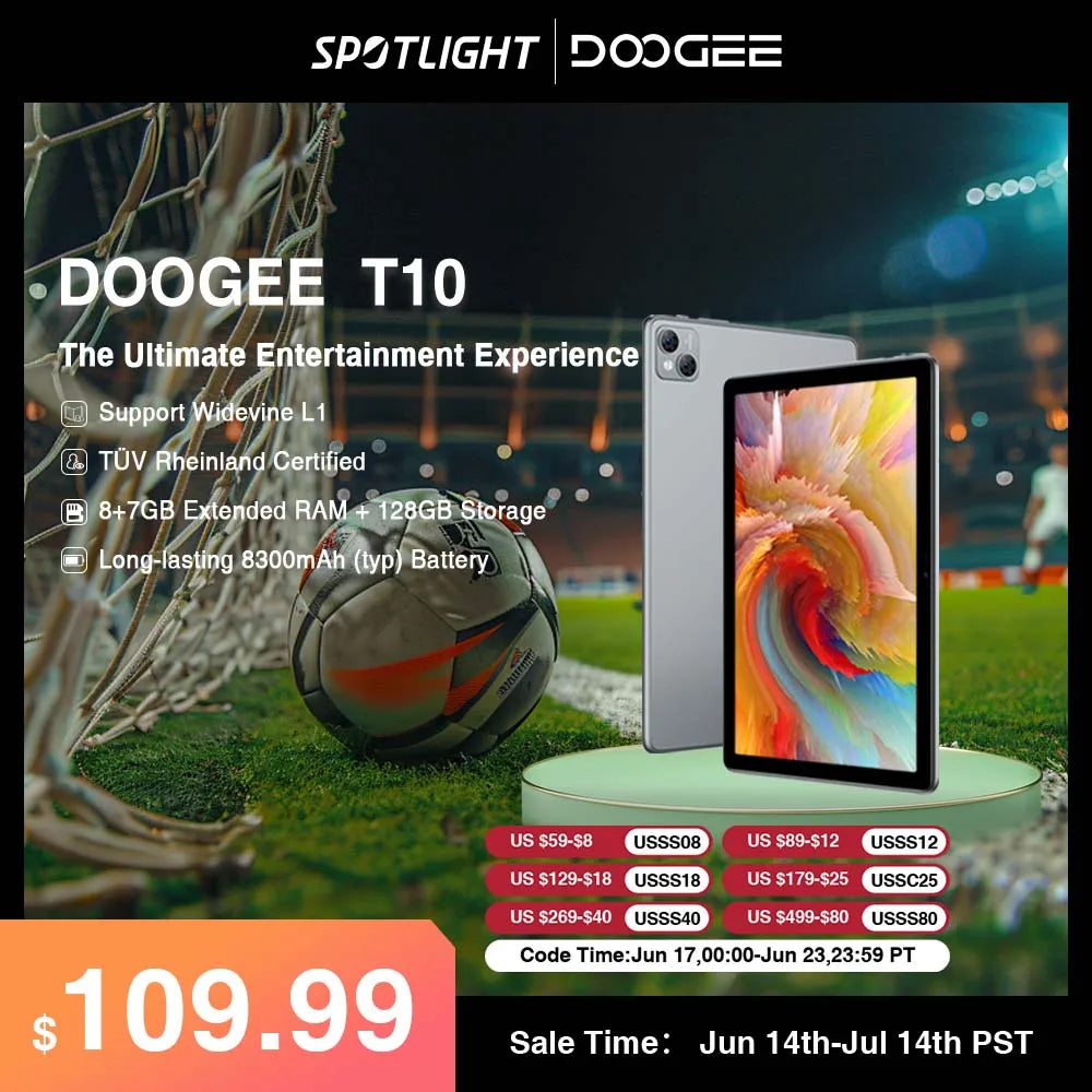 World Premiere DOOGEE T10 Tablet Pad 8GB +7GB RAM Octa Core 8300mAh 128GB Storage 13MP Main Camera 10.1 inch Android 12 Type-C