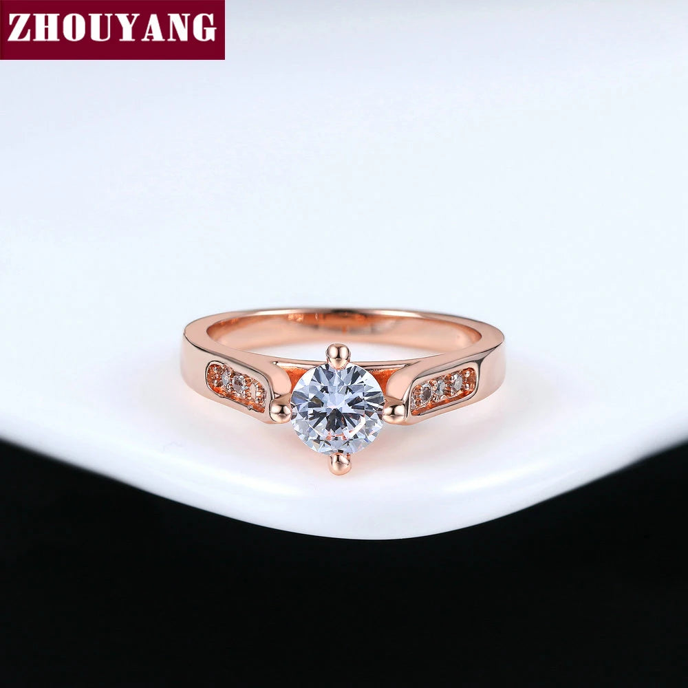 ZHOUYANG Engagement Wedding Ring For Women Classic Prong Setting CZ Rose Gold Color Fashion Jewelry Lover's Ring R064 R065