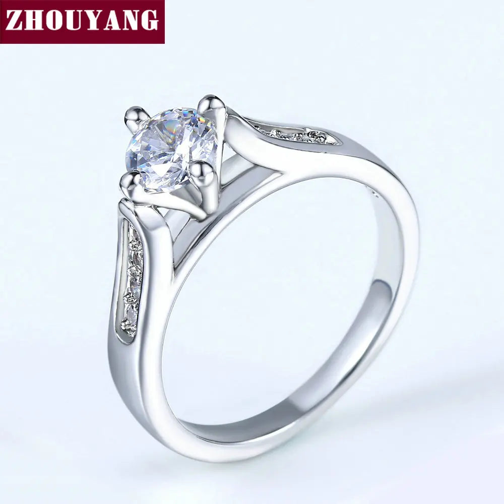 ZHOUYANG Engagement Wedding Ring For Women Classic Prong Setting CZ Rose Gold Color Fashion Jewelry Lover's Ring R064 R065