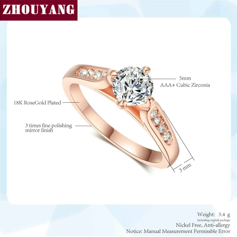 ZHOUYANG Engagement Wedding Ring For Women Classic Prong Setting CZ Rose Gold Color Fashion Jewelry Lover's Ring R064 R065