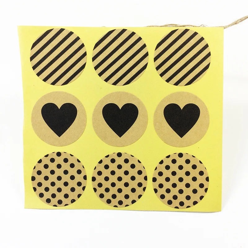 90pcs Vintage Fashion Heart+Dots+Twill series Round Kraft paper Sticker for Handmade Products Gift seal sticker label