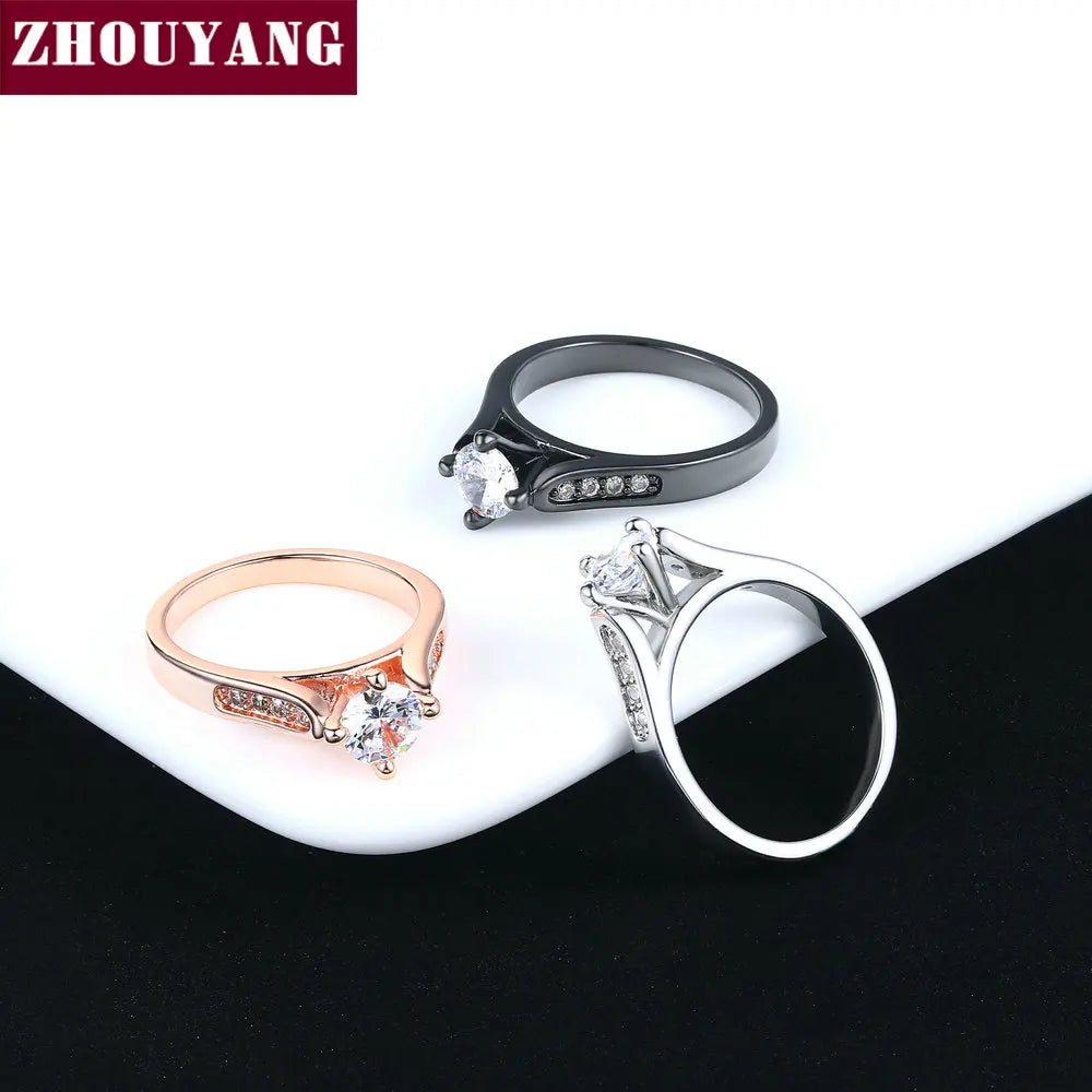 ZHOUYANG Engagement Wedding Ring For Women Classic Prong Setting CZ Rose Gold Color Fashion Jewelry Lover's Ring R064 R065