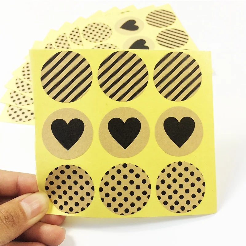 90pcs Vintage Fashion Heart+Dots+Twill series Round Kraft paper Sticker for Handmade Products Gift seal sticker label