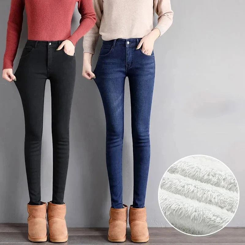 Winter Lamb Fluff Denim Pencil Pants Women Thicken Big Size 34 Jeans High Waist Stretch Jeansy Fleece Lined Warm Slim Vaqueros