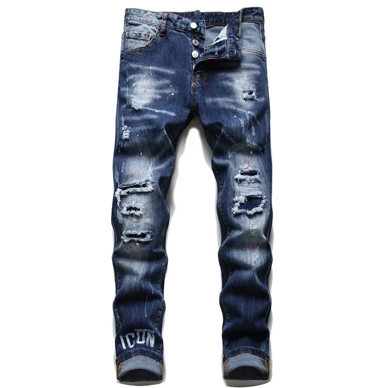 2024 Mens Skinny Jeans Light Blue Holes Long Trousers Male Stretch Slim Pants Quality Ripped Jeans Luxury Brand Men Clothing