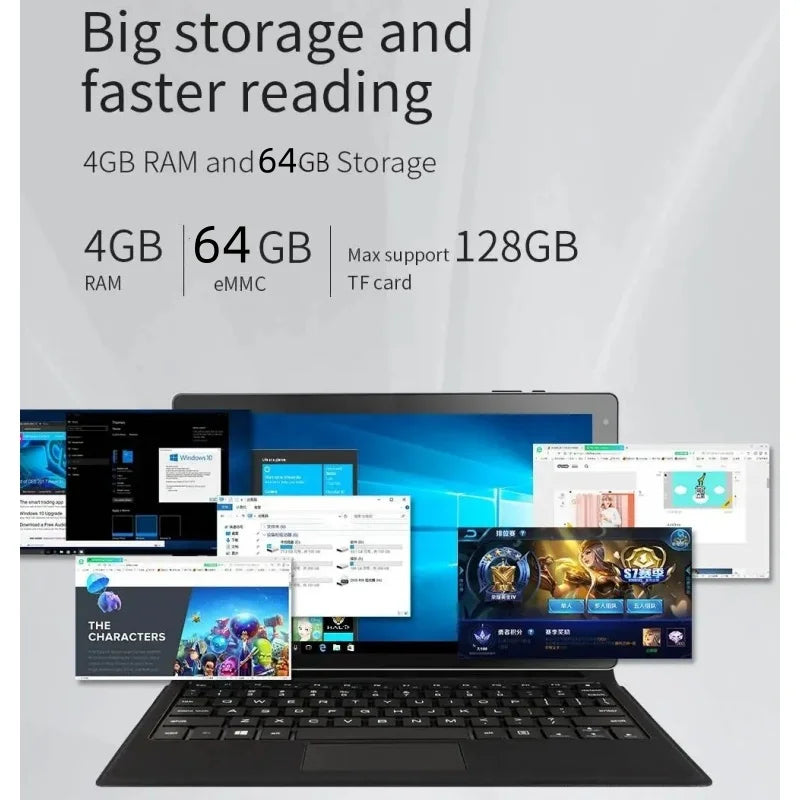 4GB RAM 64GB ROM 10.1 Inch 64 Bit P7 2-in-1 Windows Tablet PC with Detachable Keyboard HDMI-Compatible 1920 x 1200 IPS 6500mAh