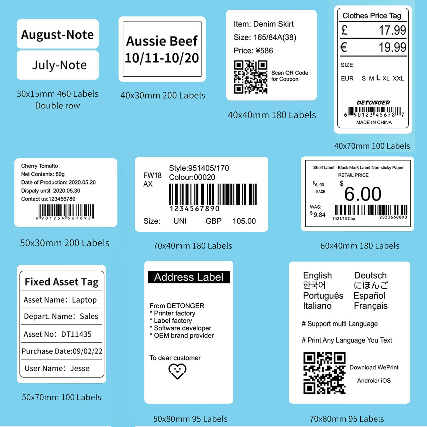 Thermal Adhesive Label Papers for DETONGER P1 DP23 DP30 DP80 3 Rolls Waterproof Oilproof Tear Resistant Sticker