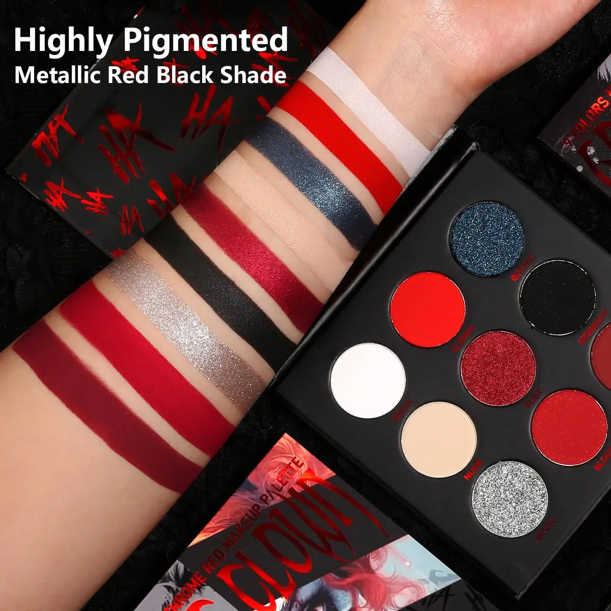 Black Red Eyeshadow Palette Goth Clown Halloween Makeup, White Silver Glitter Metallic Red Black Eyeshadow Palette Joker Zombie