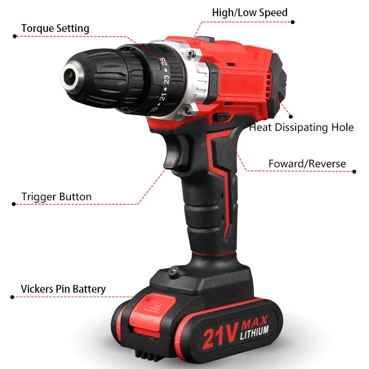 21V Electric Cordless Screwdriver 2 Functions Wireless Impact Drill Mini Lithium Battery Charging Hand DIY Electric Power Tools
