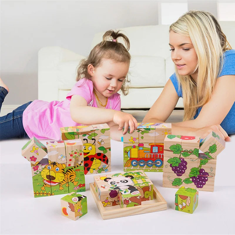 Baby Toys Wooden Blocks Six Side Cube Jigsaw Puzzles Game Animal Fruit Traffic Cognition Puzzle Montessori Educational Toys