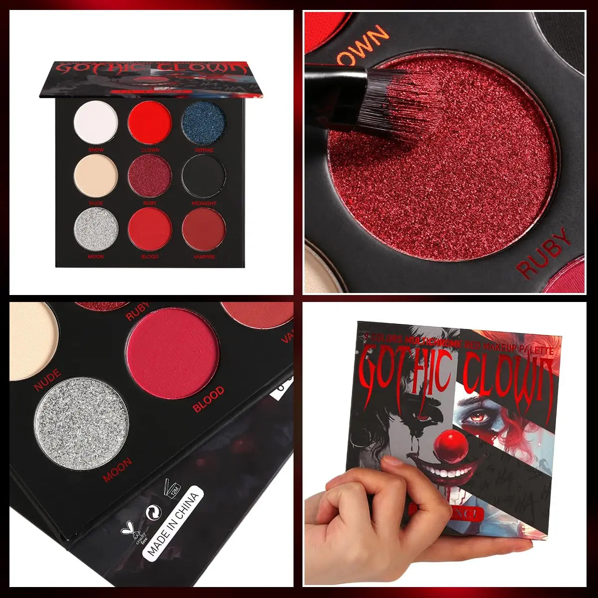Black Red Eyeshadow Palette Goth Clown Halloween Makeup, White Silver Glitter Metallic Red Black Eyeshadow Palette Joker Zombie
