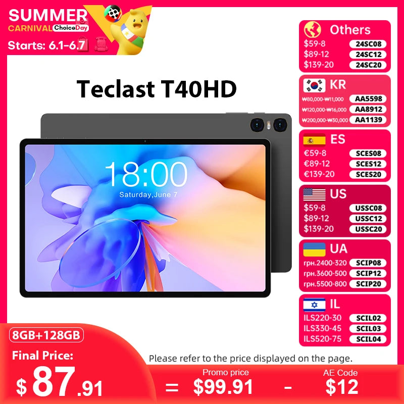 Teclast T40HD 10.4'' Android 13 Tablet 1200x2000 FHD 8GB RAM 128GB ROM UNISOC T606 Octa Core Widevine L1 7200mAh 4G VoLTE Tablet