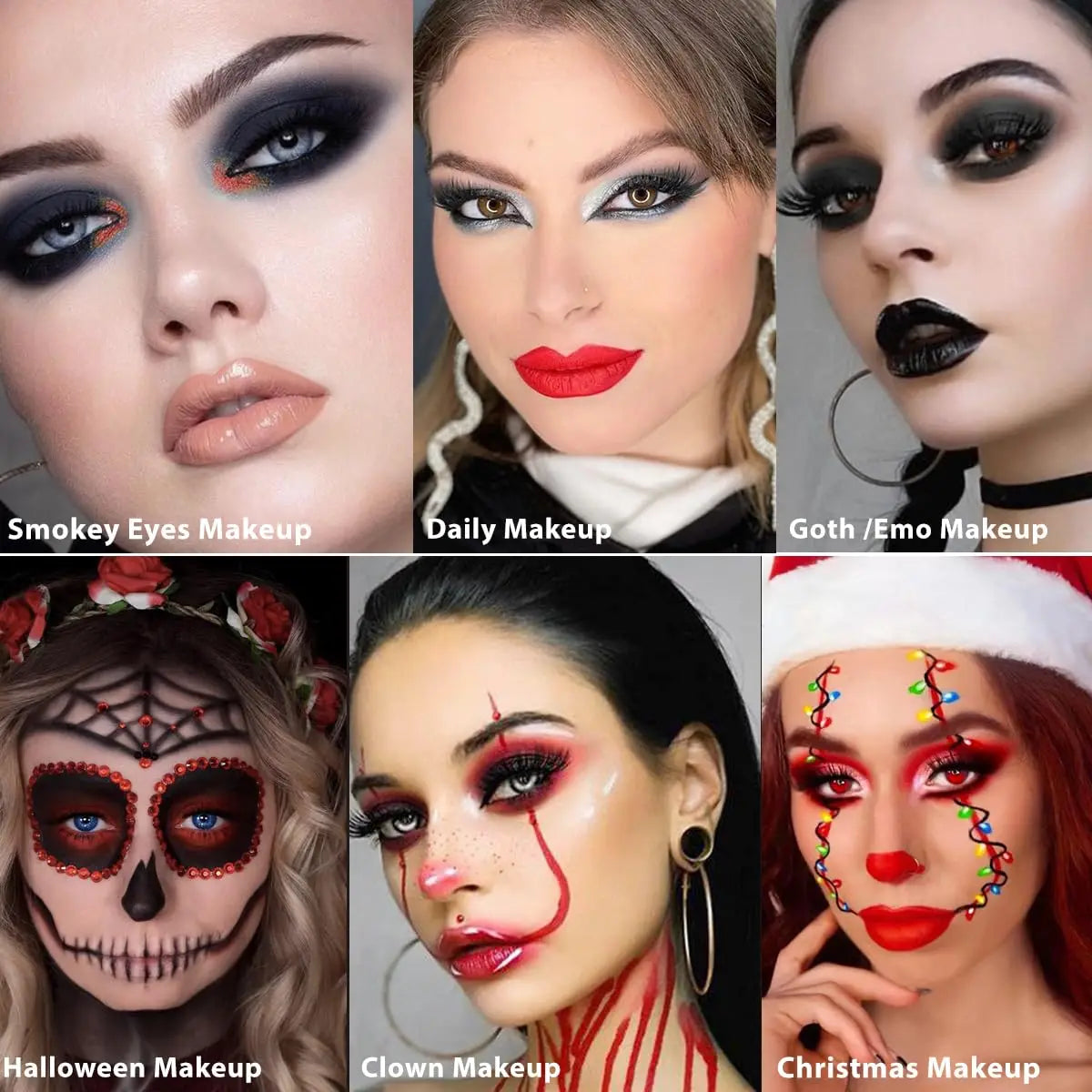 Black Red Eyeshadow Palette Goth Clown Halloween Makeup, White Silver Glitter Metallic Red Black Eyeshadow Palette Joker Zombie