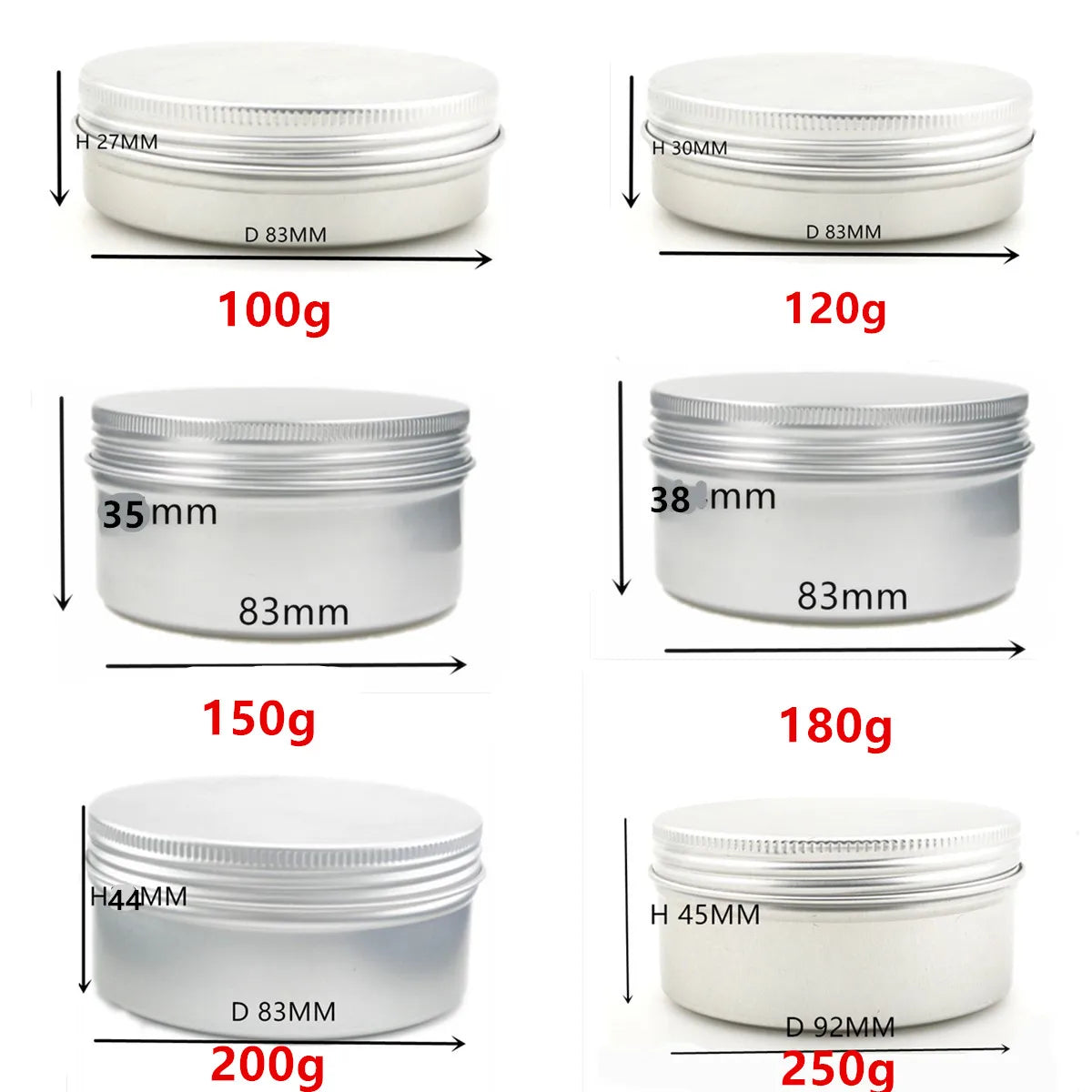 100ml/g 120g/ml 150g 200g /ml 250g/ml Aluminium Tins pot,case containers with screw thread window lid for Lip Balm Gloss Candle