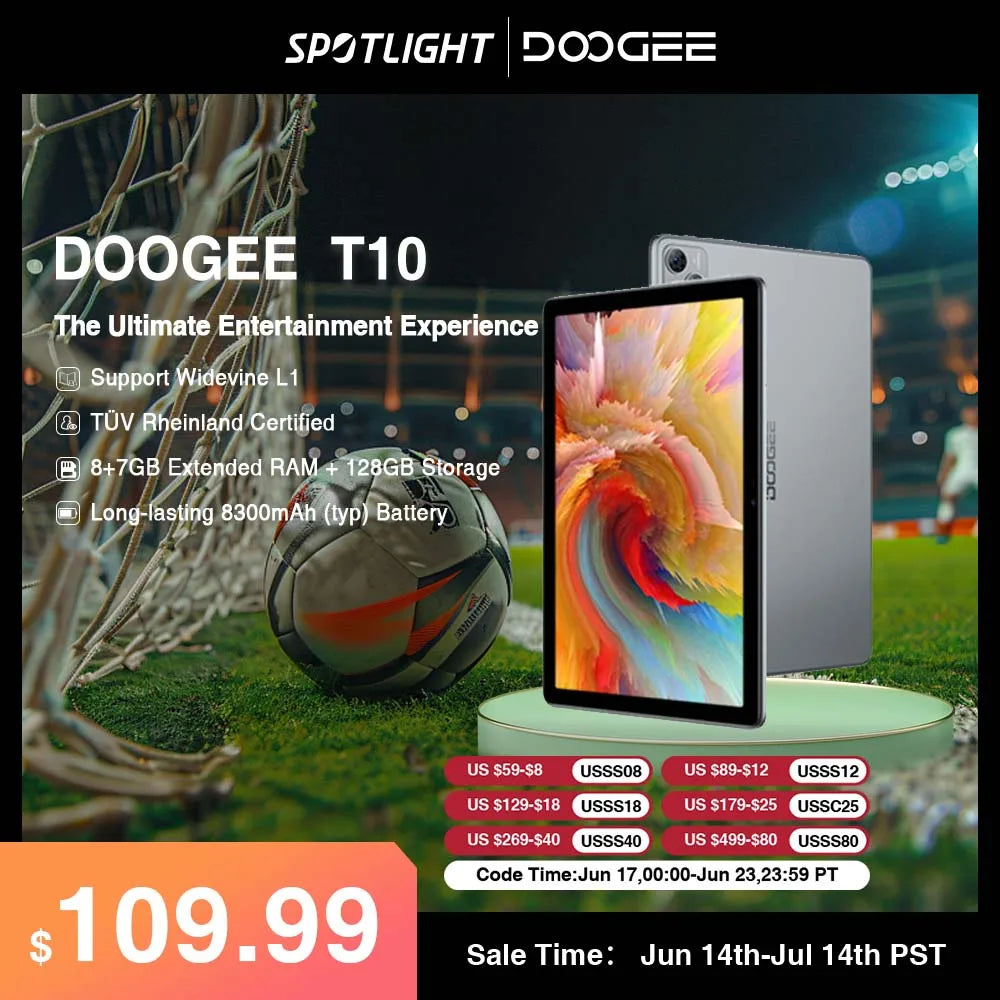 DOOGEE T10 Tablet 10.1" FHD+ TÜV Rheinland Certified Display 8GB+128GB Octa Core Widevine L1 Android 12 Pad 13MP Camera 8300mAh