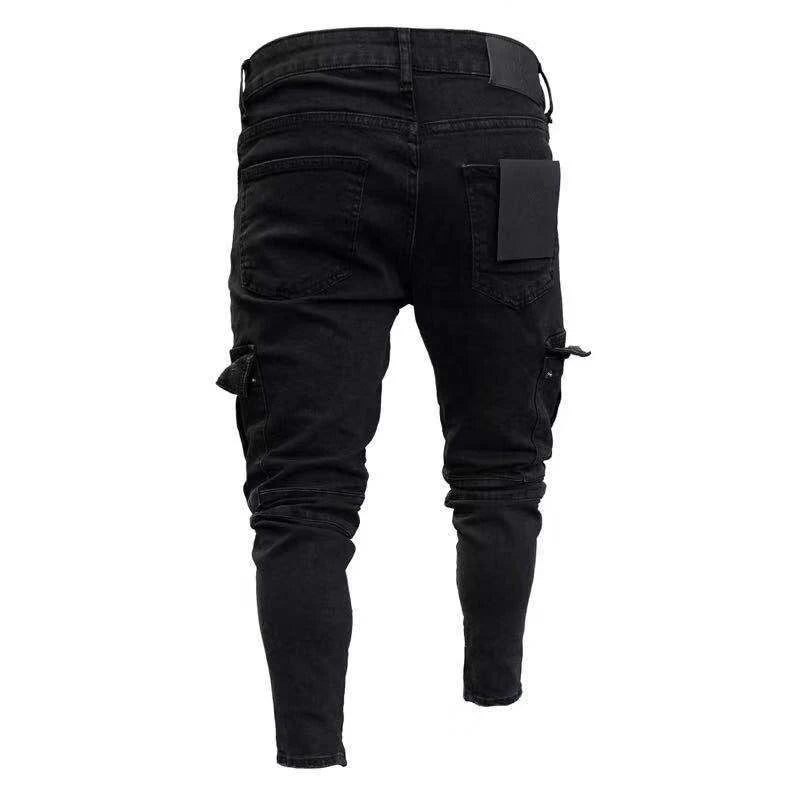 Men Biker Ripped Long Denim Trousers Skinny Jeans Pants Destroyed Stretchy-Black Pants