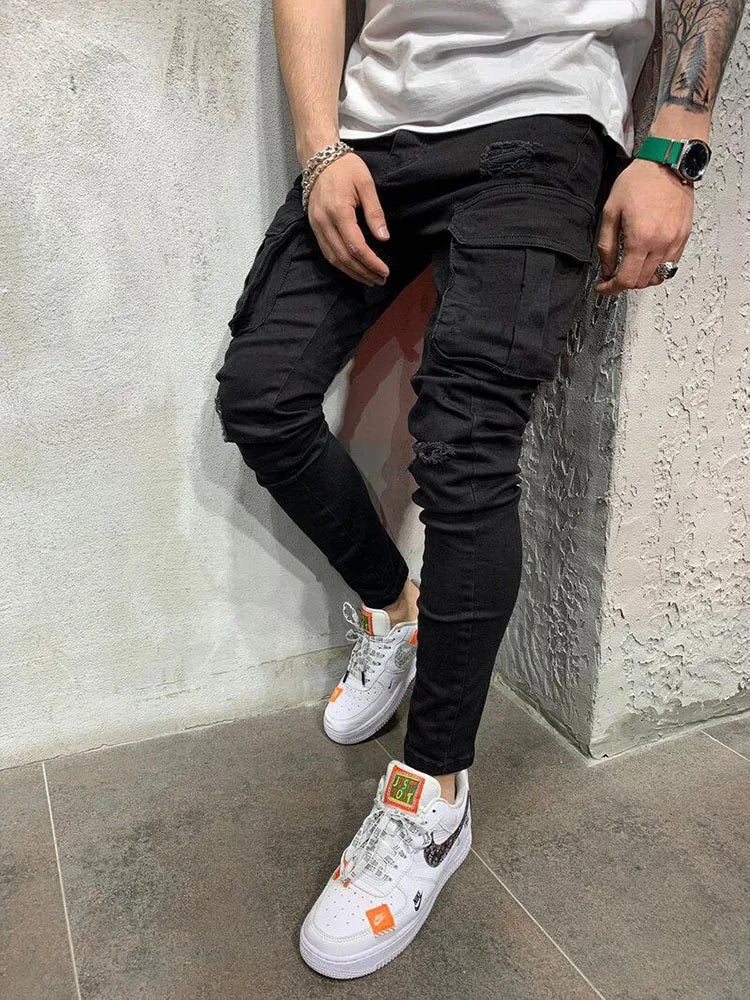 Men Stretchy Multi-pocket Skinny Ripped Jeans Men's Slim Fit Jogger Pencil Pants 2021 Fashion jeans Sweatpants Hip hop Trousers