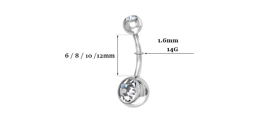 100pcs Free Shipping Double Clear Gem Navel Piercing transparent white stone Belly Ring Bar Body Jewelry 6 8mm 10mm 12mm