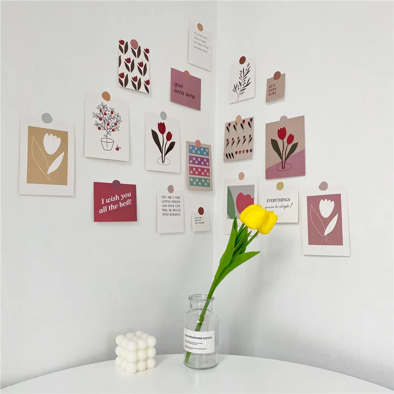 17Pcs Tulip Decoration Cards Art Postcard Simple Style Flowers DIY Wall Sticker Photographic Props Background Decor Stationery