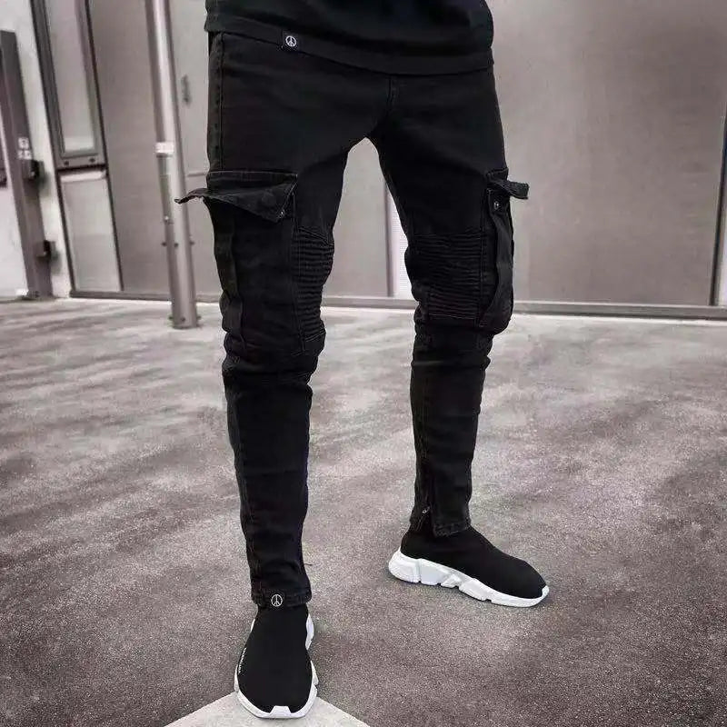 Men Biker Ripped Long Denim Trousers Skinny Jeans Pants Destroyed Stretchy-Black Pants