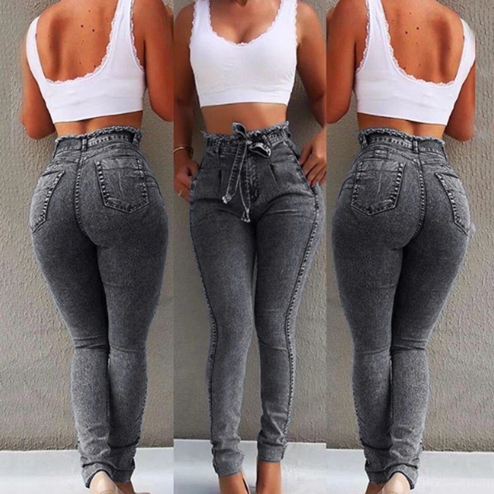 Fashion Belted High Waist Skinny Jeans Women Hot Loose Stretch Denim Long Pants Skinny Jeans Women Stretch Denim Long Pants