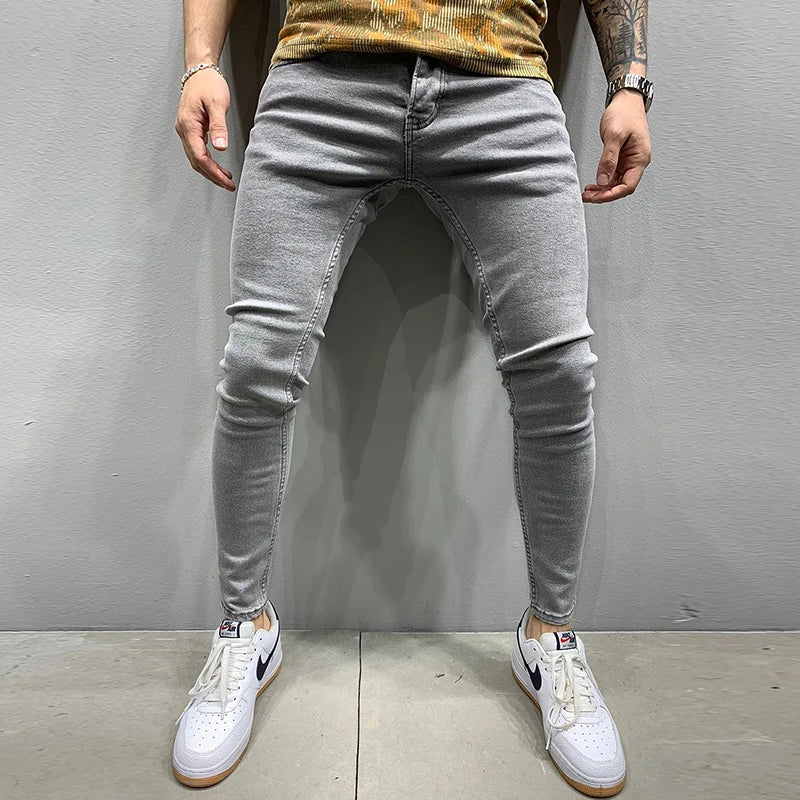 Grey Pure Color Jeans Men Elastic Waist Skinny Jeans Men 2021 Stretch No Ripped Pants Streetwear Black Mens Denim Trousers