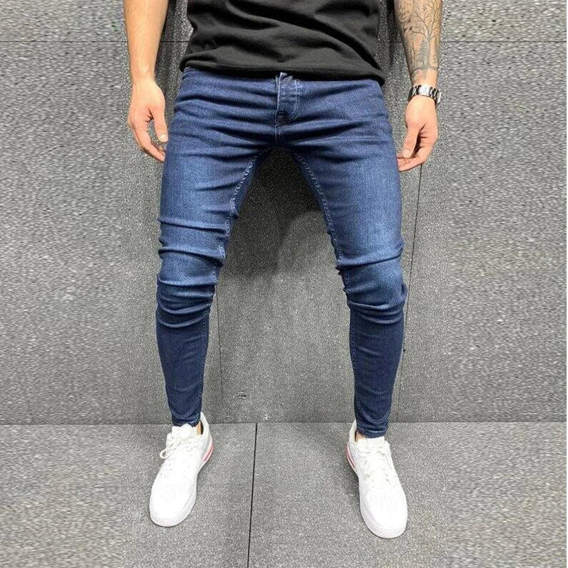 Grey Pure Color Jeans Men Elastic Waist Skinny Jeans Men 2021 Stretch No Ripped Pants Streetwear Black Mens Denim Trousers