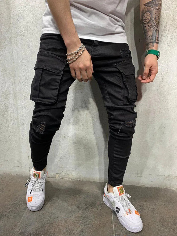 Men Stretchy Multi-pocket Skinny Ripped Jeans Men's Slim Fit Jogger Pencil Pants 2021 Fashion jeans Sweatpants Hip hop Trousers