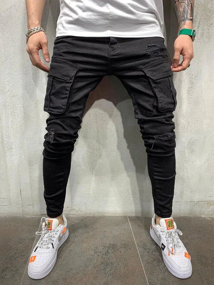 Men Stretchy Multi-pocket Skinny Ripped Jeans Men's Slim Fit Jogger Pencil Pants 2021 Fashion jeans Sweatpants Hip hop Trousers