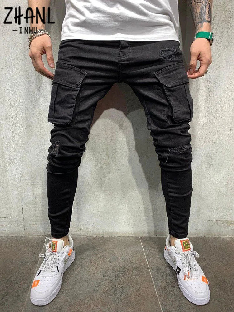 Men Stretchy Multi-pocket Skinny Ripped Jeans Men's Slim Fit Jogger Pencil Pants 2021 Fashion jeans Sweatpants Hip hop Trousers