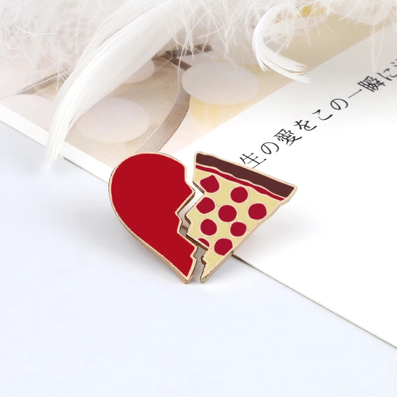 9 Styles Heart Brooch Set 2PCS/Set Cartoon Enamel Pins for Couple Best Friends Beer Cup Pizza Earth Badge Bag Denim Jewelry Gift