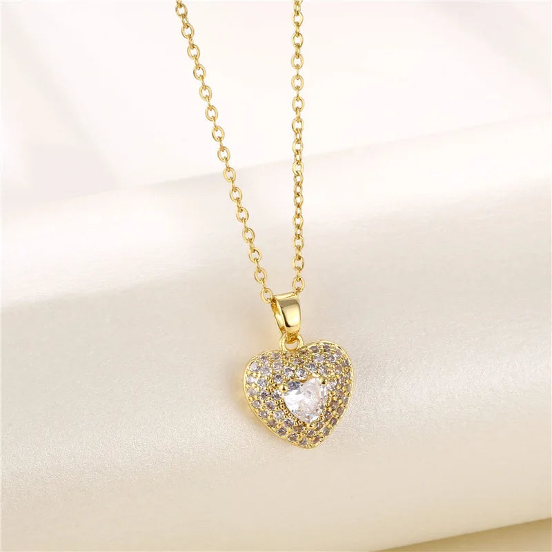 New Korean Fashion Zircon Crystal Pendant Stainless Steel Necklace For Women Sweet Sexy Ladies Wedding Jewelry Female Neck Chain