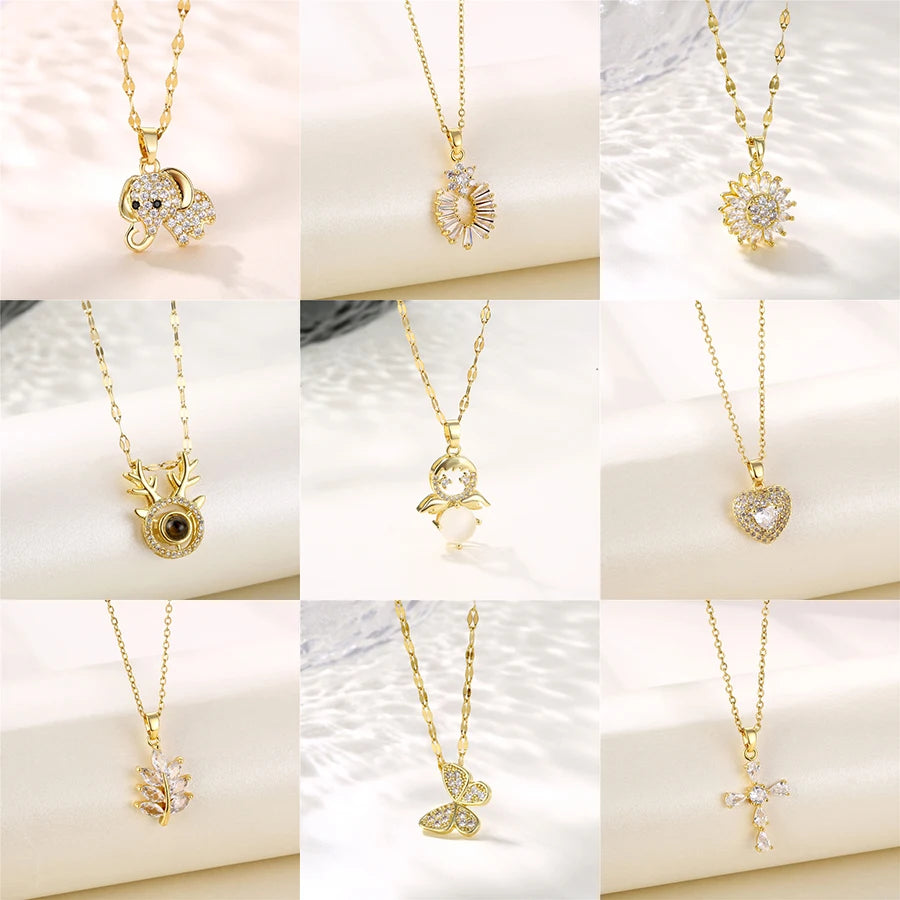 New Korean Fashion Zircon Crystal Pendant Stainless Steel Necklace For Women Sweet Sexy Ladies Wedding Jewelry Female Neck Chain