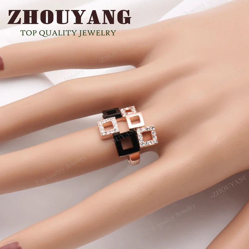 ZHOUYANG Top Quality ZYR091 Fashion Geometric Ring Rose Gold Color Austrian Crystals Full Sizes