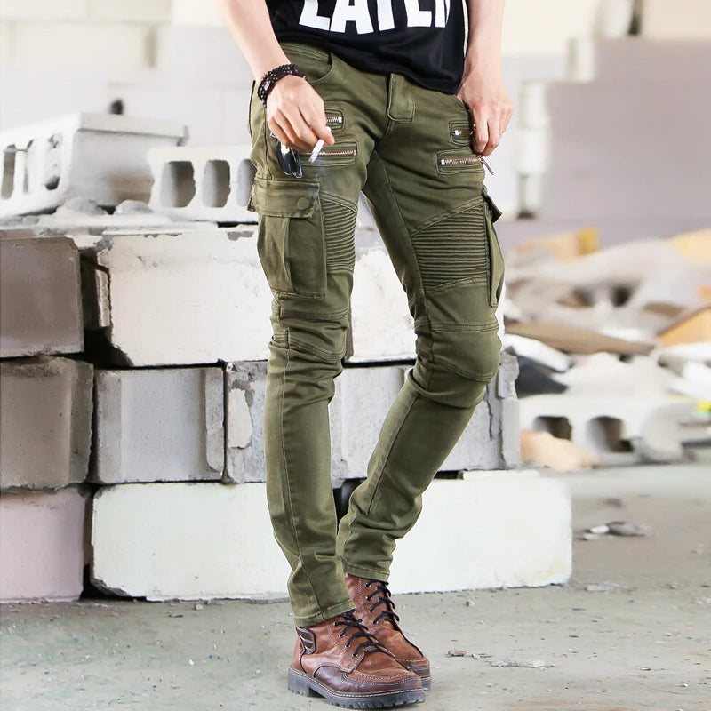 Green Black Denim Biker jeans Mens Skinny 2024 Runway Distressed slim elastic jeans homme hiphop Washed cargo pants