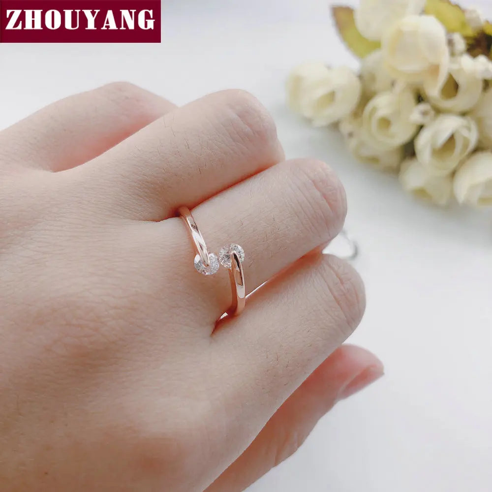 ZHOUYANG Engagement Wedding Ring For Women Classic Elegant Twin Cubic Zirconia Rose Gold Color Fashion Jewelry Gift ZYR007