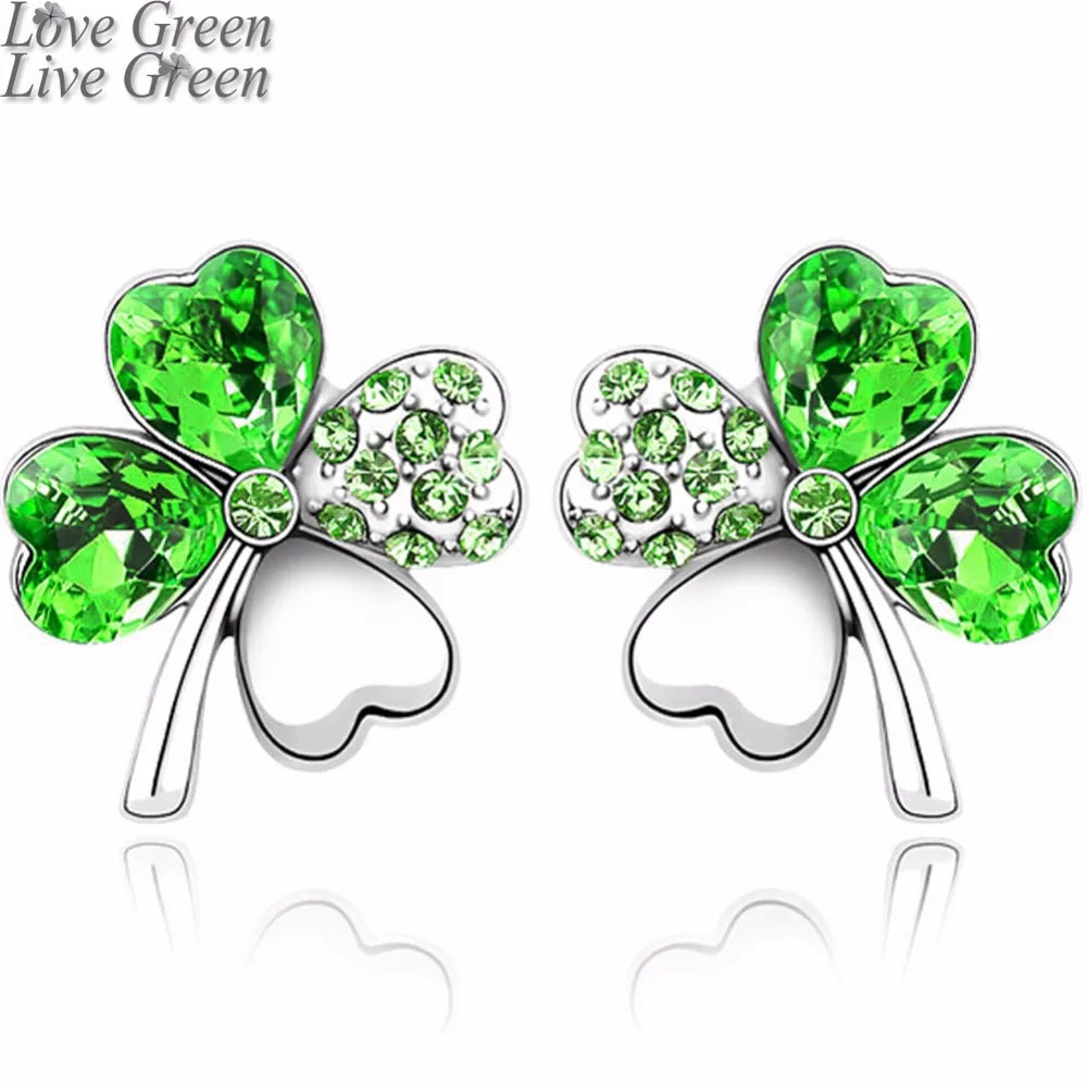 2019 pretty Lovers four Leaf Clover earrings stud women brand gold color Austrian Crystal stud Earrings jewelry 9554