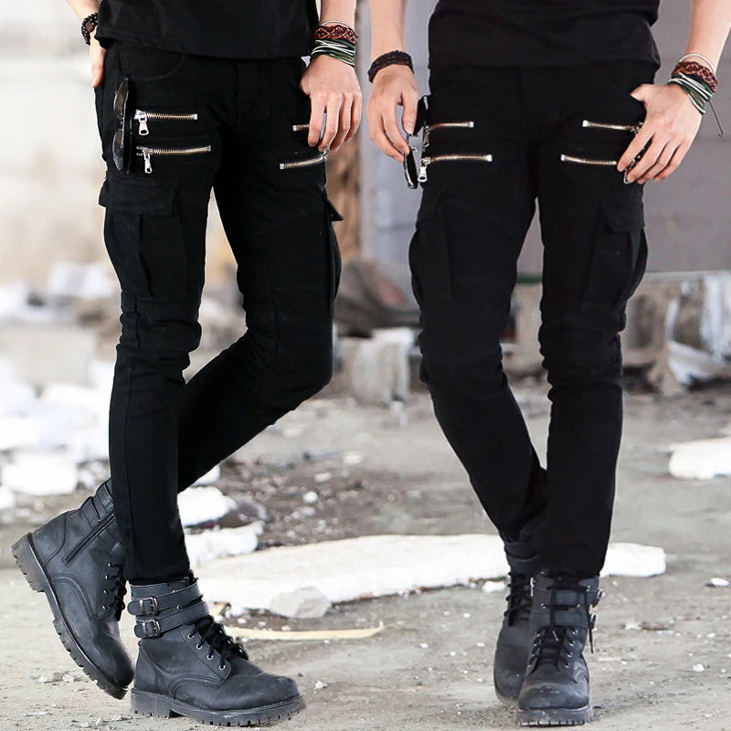 Green Black Denim Biker jeans Mens Skinny 2024 Runway Distressed slim elastic jeans homme hiphop Washed cargo pants