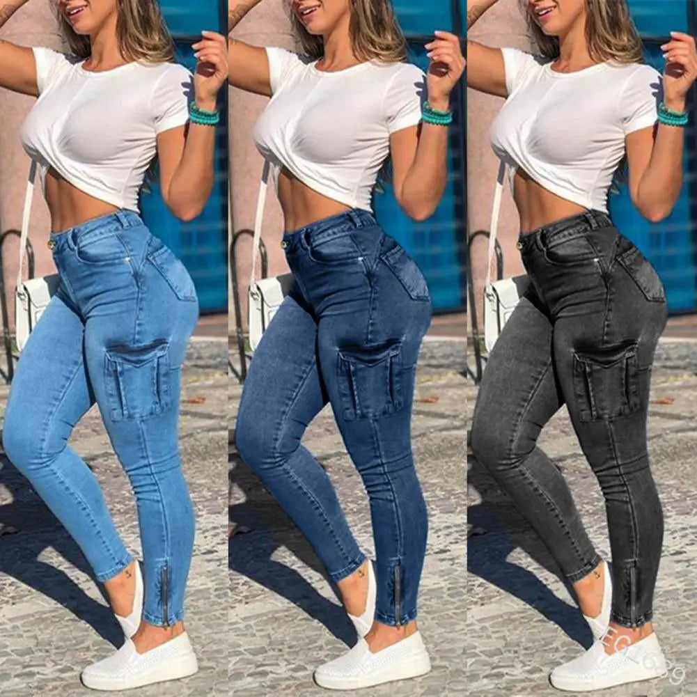 Popular Denim Pants Distressed Trousers Zipper Cuff Pockets Skinny Jeans  Cargo Jeans    Women Jeans