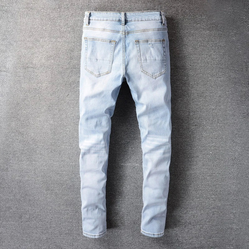 Men's Light Blue Pleated Patchwork Stretch Denim Jeans Streetwear Holes Ripped Pencil Pants Trendy Slim Skinny Trousers