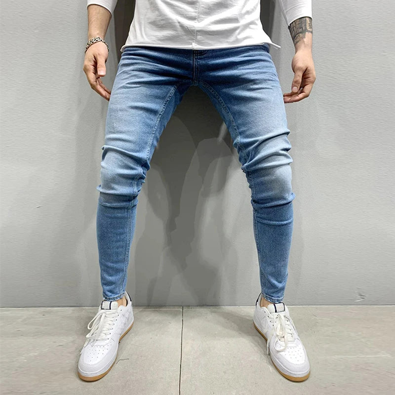 Grey Pure Color Jeans Men Elastic Waist Skinny Jeans Men 2021 Stretch No Ripped Pants Streetwear Black Mens Denim Trousers