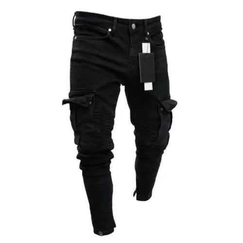 Men Biker Ripped Long Denim Trousers Skinny Jeans Pants Destroyed Stretchy-Black Pants