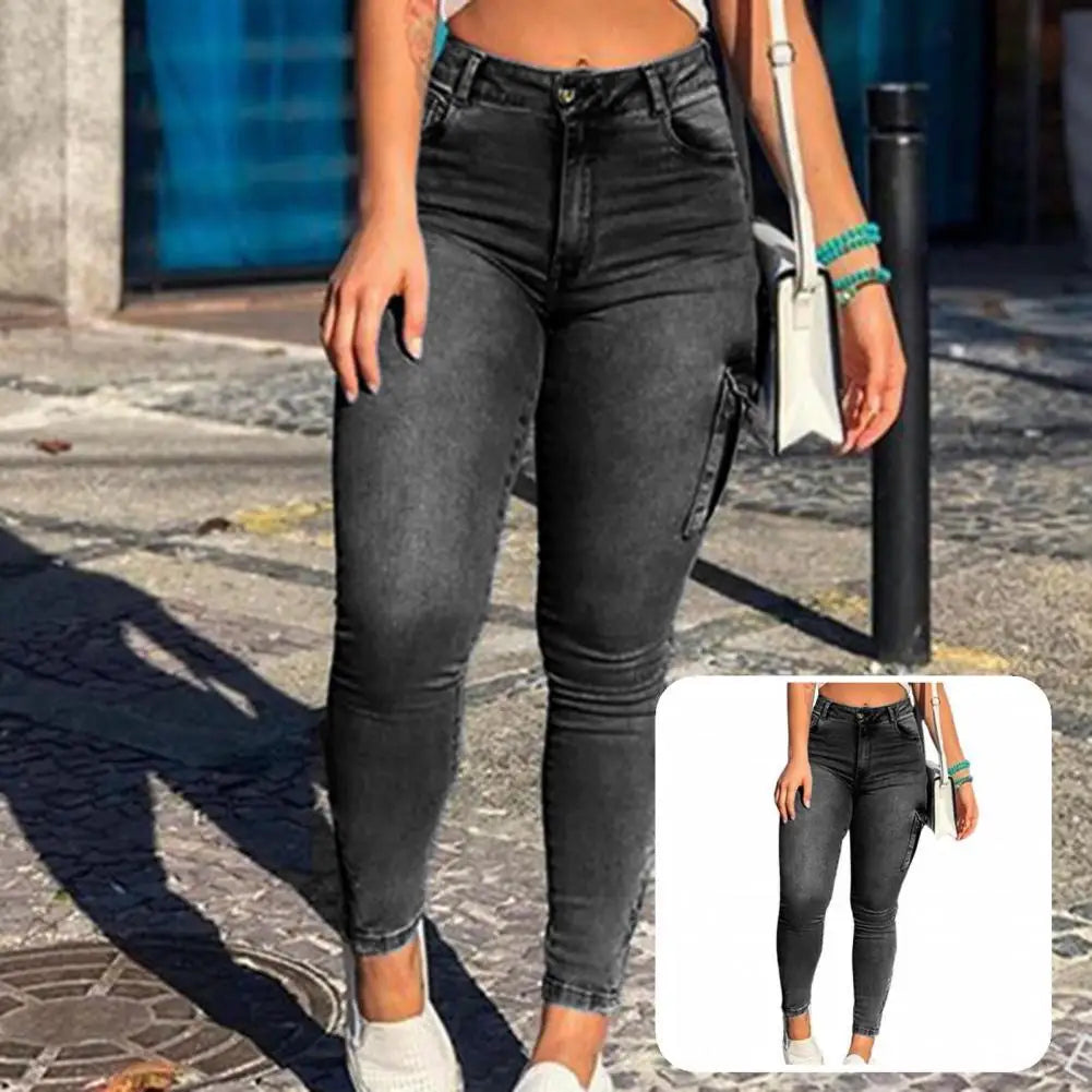 Popular Denim Pants Distressed Trousers Zipper Cuff Pockets Skinny Jeans  Cargo Jeans    Women Jeans