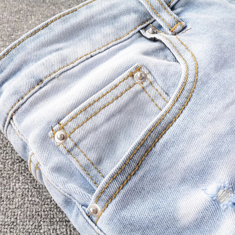 Men's Light Blue Pleated Patchwork Stretch Denim Jeans Streetwear Holes Ripped Pencil Pants Trendy Slim Skinny Trousers