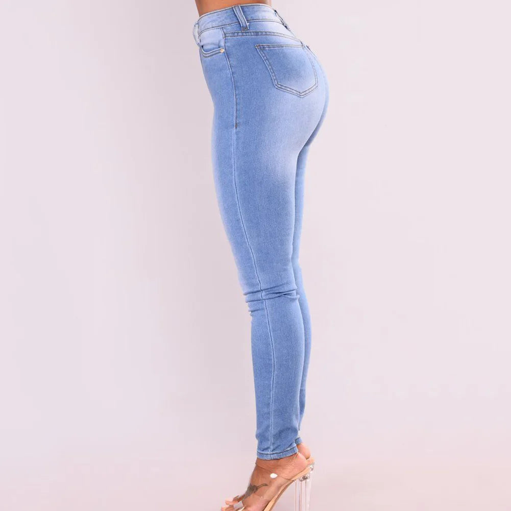 Fashion Women Denim Skinny Trousers High Waist Jeans Skinny Slim-Fit Washed Denim Long Pencil Pants Trousers For Female Sky Blue