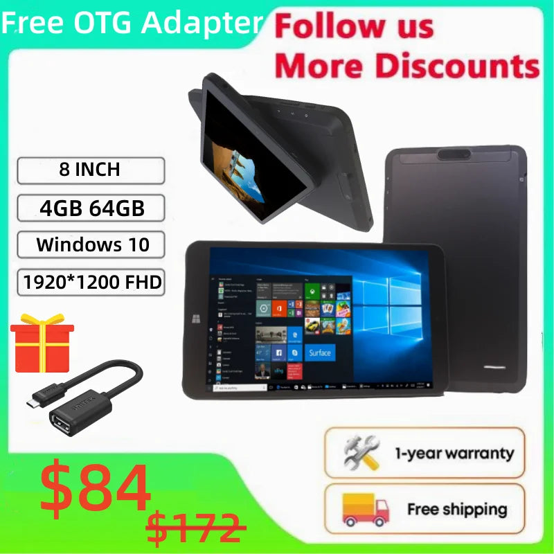 Newest 64Bits Quad Core 4GB RAM 64GB ROM 8'' Windows 10 Tablet PC 1920*1200IPS WiFi Intel Z8350 1.44GHz OTG Adapter Gift