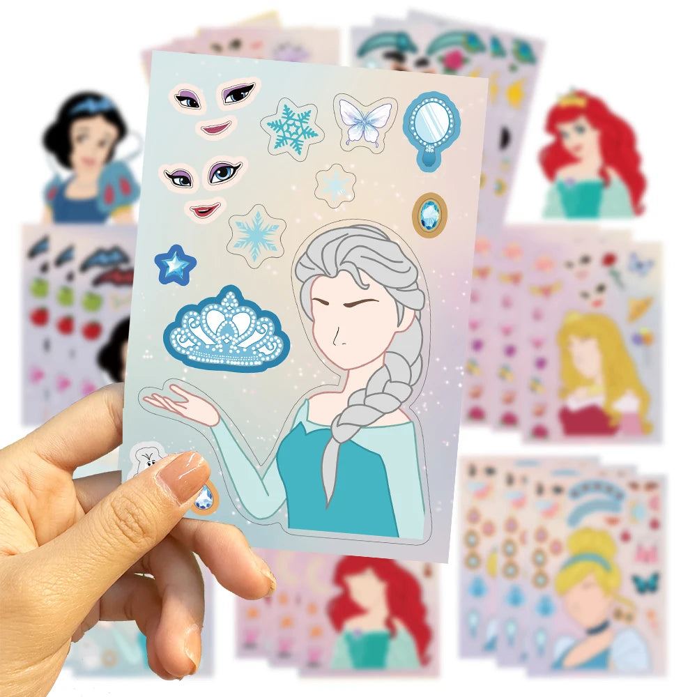 8/16Sheets Disney Princess Children DIY Puzzle Stickers Game Make-a-Face Assemble Jigsaw Decals Kids Educational Toys Party Gift