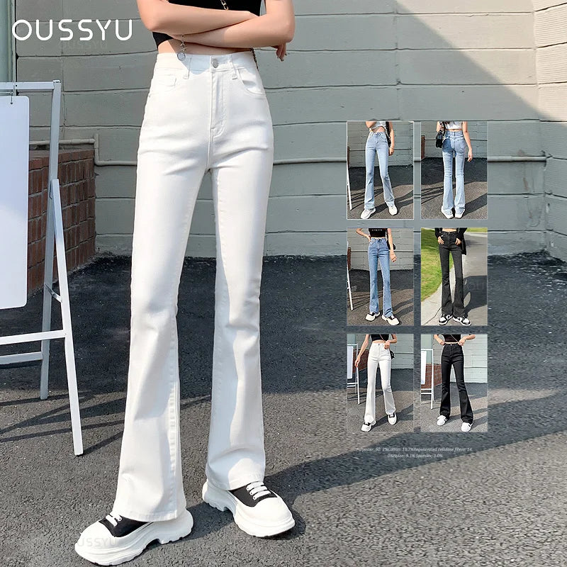 Summer Women Flared Jeans High Waist Cotton Stretch Comfortable Classic Wide Leg Denim Casual Pants White Blue Skinny Trousers