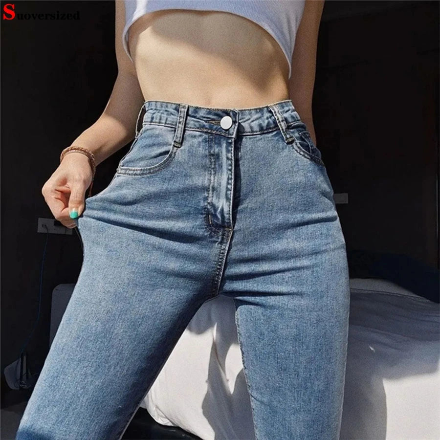 Oversize 38 Slim High Waist Penci Jeans Classic Skinny Denim Pants Blue Pantalones Ankle Length Vaquero Korean Trouser New