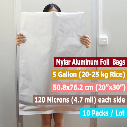 10 Packs 1-5 Gallon Mylar Bags Resealable Aluminum Foil Bags For Long Term Food Storage Food Grade and Light Proof (20’’x30'')